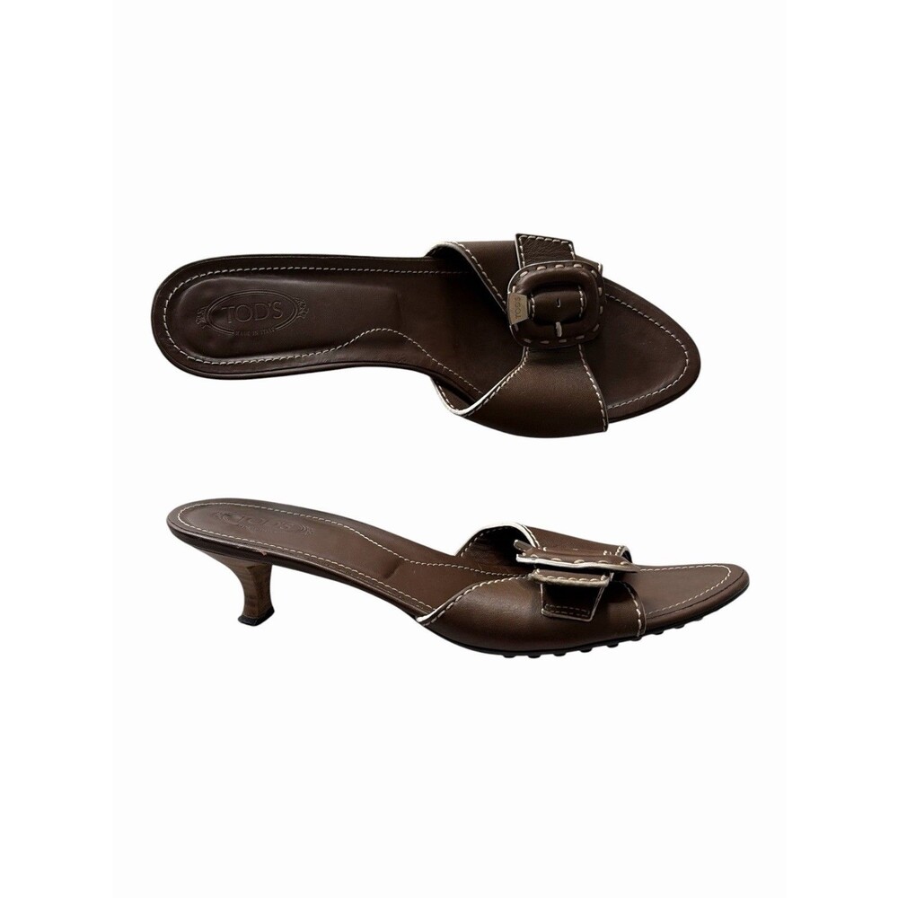 Tod’s Leather Kitten Heel Sandal Sz 9  Made In Italy Luxury Resort Brown